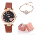 Montre femme or rose cadran étoilé avec bracelet en cuir et cristal dans coffret cadeau - Montre Marron Foncé Et Bracelet Et Coffret Cadeau