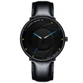 Men's fashion watch with black leather strap and shutter design dial by DIJANES - Leather Strap Blue Hands