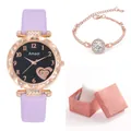 Coffret détaillé avec montre en cuir violet, bracelet or rose et boîte cadeau rose - Montre Violette + Bracelet + Boîte À Poudre