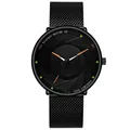 Minimalistisch zwart quartzhorloge met mesh-band en lichtgevende vortex-wijzerplaat - Mesh Band Zwarte Kast Gele Wijzers