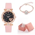 Détail d'une montre à quartz or rose avec bracelet en cuir rose et bracelet en zircon - Montre Rose Et Bracelet Et Coffret Cadeau