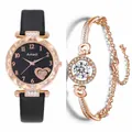 Reloj de mujer en oro rosa con esfera de corazón estrellado y pulsera con diamantes - Reloj negro + pulsera