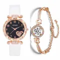 Primer plano de reloj oro rosa con esfera estrellada y set de pulsera de corazón - Blanco Reloj y Pulsera (CC103)