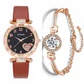 Coffret montre femme et bracelet avec bracelet en cuir brun et cadran cœur or rose - Montre Marron Foncé Et Bracelet