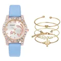 Detailset mit blauer Lederarmbanduhr und vier modischen goldenen Armbändern - Himmelblau Uhr + Armband