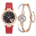 Montre femme or rose cadran étoilé avec bracelet cuir rouge et bracelet en cristal - Montre Rouge + Bracelet