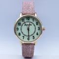 Detail of small quartz watch with green dial and pink woven strap for students - Pink