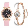 Montre en cuir rose avec cadran étoilé et bracelet en strass couleur or rose - Montre Rose + Bracelet