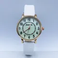 Minimalist quartz watch with green dial, gold case and white leather strap for women - White
