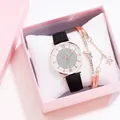Dames horlogeset met strassteentjes, roségouden kast en zwart PU-bandje met sterrenbeeld - Horloge+Armband+Doos / Zwart