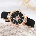 Elegant roségouden horloge met zwarte vlinder wijzerplaat en kristallen op gebreide stof - Alleen Zwart Horloge