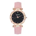 Detail of rose gold watch with pink strap, rhinestone bezel and starry black dial - Watch Only / Pink