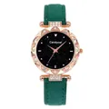 Detail of rose gold starry sky dial with rhinestones and green velvet watch strap - Watch Only / Green