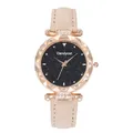 Detail of rose gold starry sky watch with beige leather strap and wavy rhinestone bezel - Watch Only / Beige
