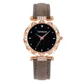 Detail of rose gold watch case with rhinestone bezel and starry sky dial on gray strap - Watch Only / Gray