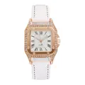 Square rose gold watch with diamond bezel and white leather strap for women - White
