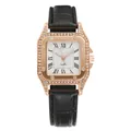Square rose gold watch with black leather strap and Roman numerals on sunray dial - Black