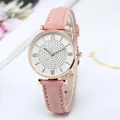Elegante orologio al quarzo cielo stellato con cinturino in pelle rosa e quadrante strass - Orologio Singolo (Senza Bracciale) / Cinturino Rosa Quadrante Bianco