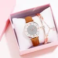 Dameshorloge in roségoud met bruine leren band en bijpassende ster-bedelarmband - Horloge+Armband+Doos / Bruin