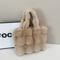 Beige plush tote bag in faux rabbit fur with quilted bubble texture and soft handle - Khaki