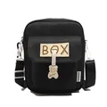 Minimalist black canvas crossbody phone bag with a cute bear charm and box label - BOX Label with Bear Charm / Black