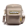 Bolso bandolera de lona caqui minimalista con bordado blanco y correa ajustable - Estilo de Parche Fashion / Caqui