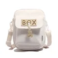 White canvas crossbody phone bag featuring a BOX patch and a cute bear keychain charm - BOX Label with Bear Charm / White