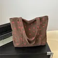 Brown corduroy strawberry tote bag with front pocket and large capacity storage - Brown