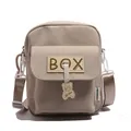 Minimalist canvas shoulder bag in cream white featuring cute bear pendant and box patch - BOX Label with Bear Charm / Khaki