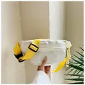 Detail view of white textured fabric chest bag with vibrant yellow adjustable straps - Yellow