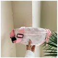 Detail of white quilted crossbody bag featuring a pink woven strap and plastic buckle - Pink
