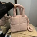 Chic pink quilted puffer tote bag with thick handles and detachable crossbody strap - Pink