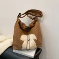 Brown corduroy tote bag with cute puppy patch and adjustable shoulder strap - Brown