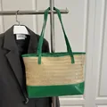 Large straw tote bag in beige with bright green contrast faux leather accents - Green