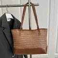 Brown patchwork straw tote bag with smooth faux leather straps and large capacity - Brown