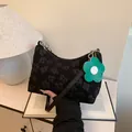 Black floral canvas tote with 3D flower texture, green charm and silver chain strap - 3D Jacquard Style (3007) / Black