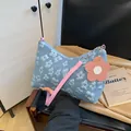 Blue floral canvas tote bag with pink leather strap and decorative flower charm - 3D Jacquard Style (3007) / Blue