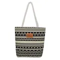 Bolso tote de lona con motivos geométricos y asas de cuerda sobre fondo blanco - Patrón Geométrico Negro