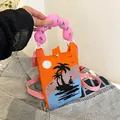 Borsa a tracolla in maglia con motivo tramonto e manico a nuvola rosa - Palma Tramonto Arancione Blu (Modello 4)