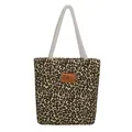 Bolso tote de lona con estampado de leopardo, asas de cuerda y parche deportivo de cuero - Estampado de Leopardo Caqui
