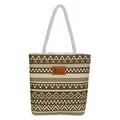 Bolso tote de lona con patrón geométrico bohemio, asas de cuerda blanca y parche de cuero - Patrón Geométrico Caqui