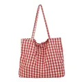 Red and white checkered canvas tote bag with bow tie decoration and large capacity - Red