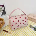 Pink corduroy strawberry print organizer pouch with reinforced top carry handle - Strawberry Print Pink