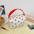 Corduroy floral pouch with strawberry embroidery and red handles for makeup storage - Strawberry White And Red