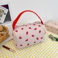 Pink corduroy floral makeup bag with red strawberry prints and top handle strap - Strawberry Pink And Red