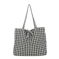 Chic black and white gingham tote bag featuring a decorative bow and slim shoulder straps - Black