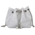 Sparkling white rhinestone bucket bag with pearl drawstring and silver chain strap - White
