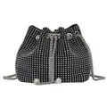 Fashionable black bucket bag with silver rhinestones and white pearl drawstring detail - Black