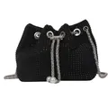 Elegant black bucket bag with sparkling rhinestones and pearl drawstring charms - Solid Black