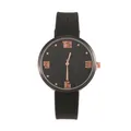 Black quartz watch with rose gold numbers and textured rubber strap on white background - Black Dial Mesh Strap